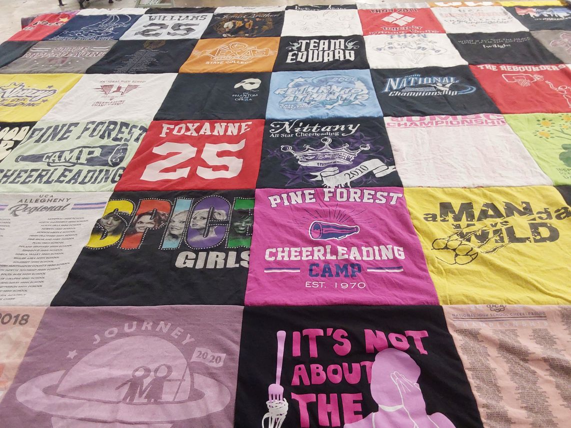 T-shirt quilt from texas state college, pine forest cheerleading camp by Roxanne from PA