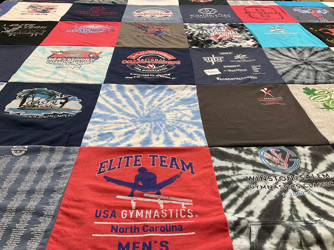T-shirt quilt with gymnastics themes by Angela from NC