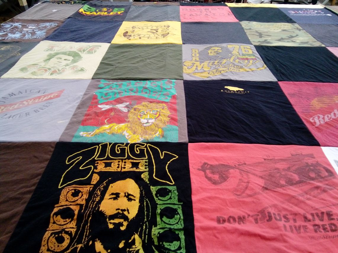 T-shirt quilt with music, reggae themes by Sara from CA