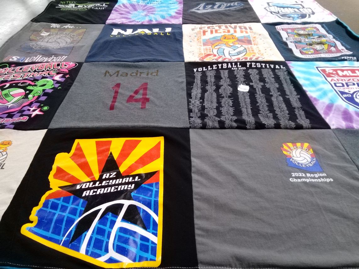 T-shirt quilt with volleyball themes by Reyna from AZ