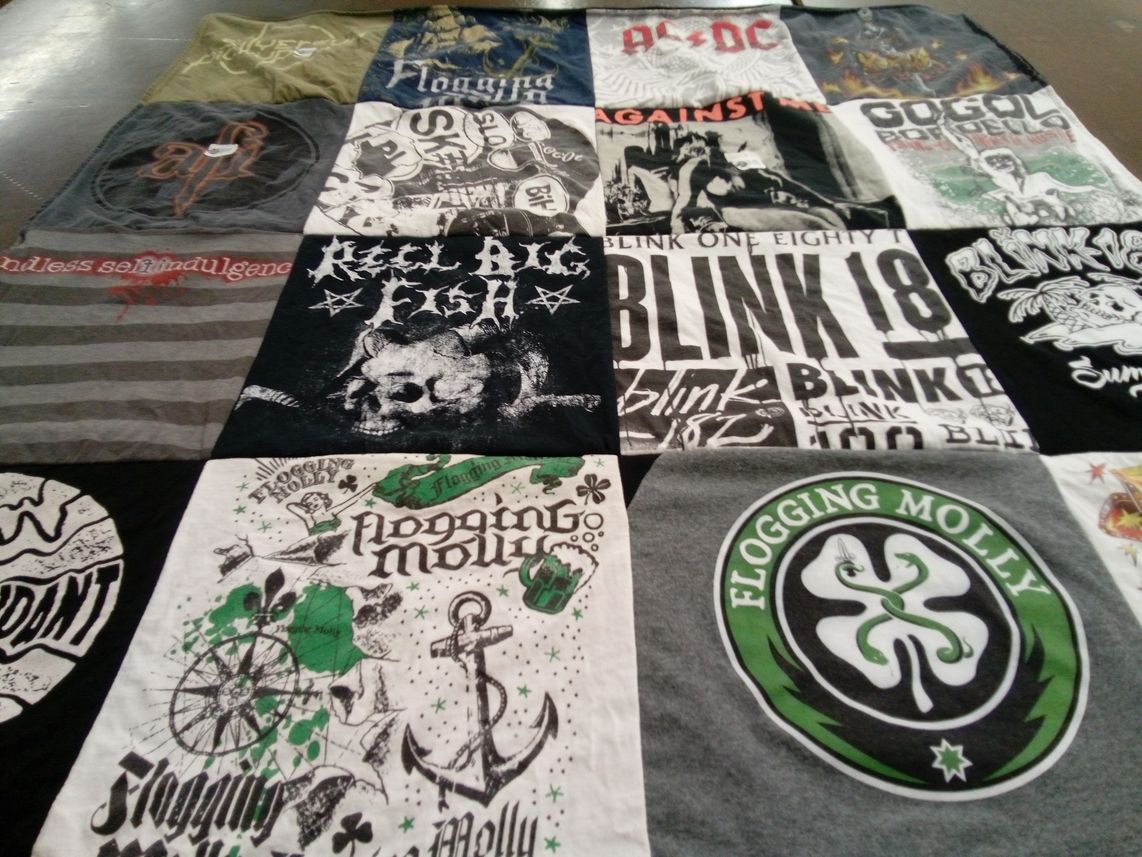 T-shirt quilt with music, punk themes by Karen from WA