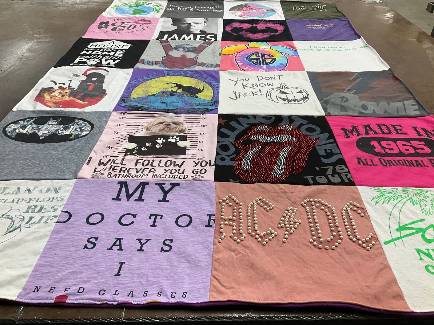 T-shirt quilt with pets, rock music themes by Claudia from DE