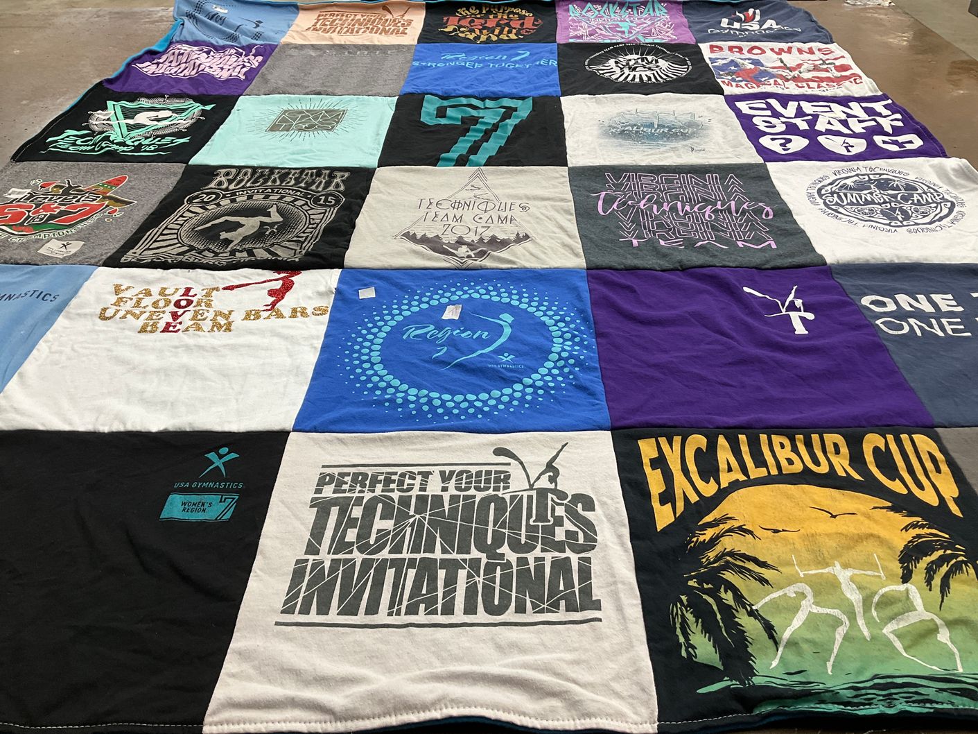 T-shirt quilt with gymnastics, sports themes by Kathleen from VA