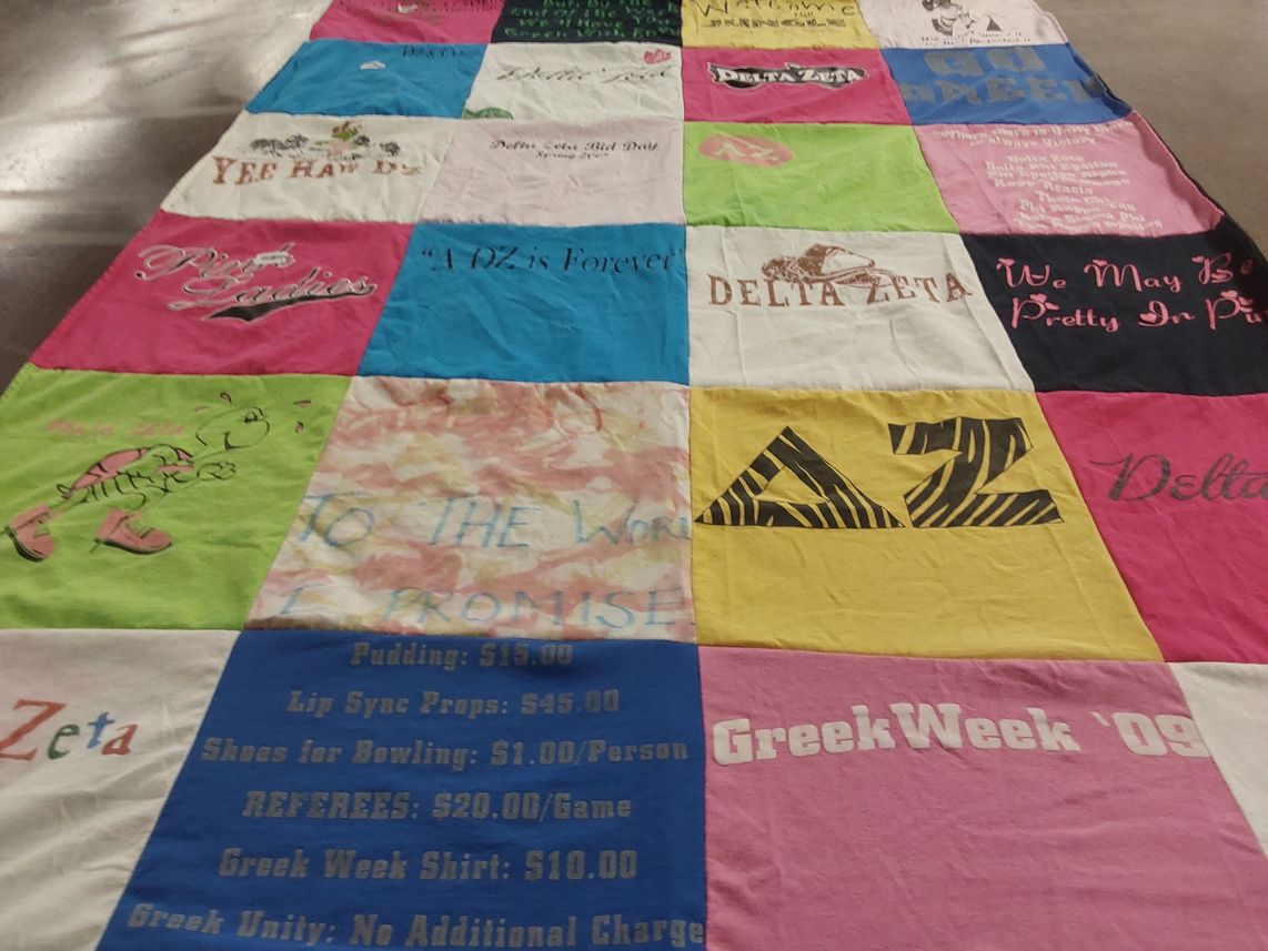 T-shirt quilt with sororities, fraternities themes by Kelly from MN