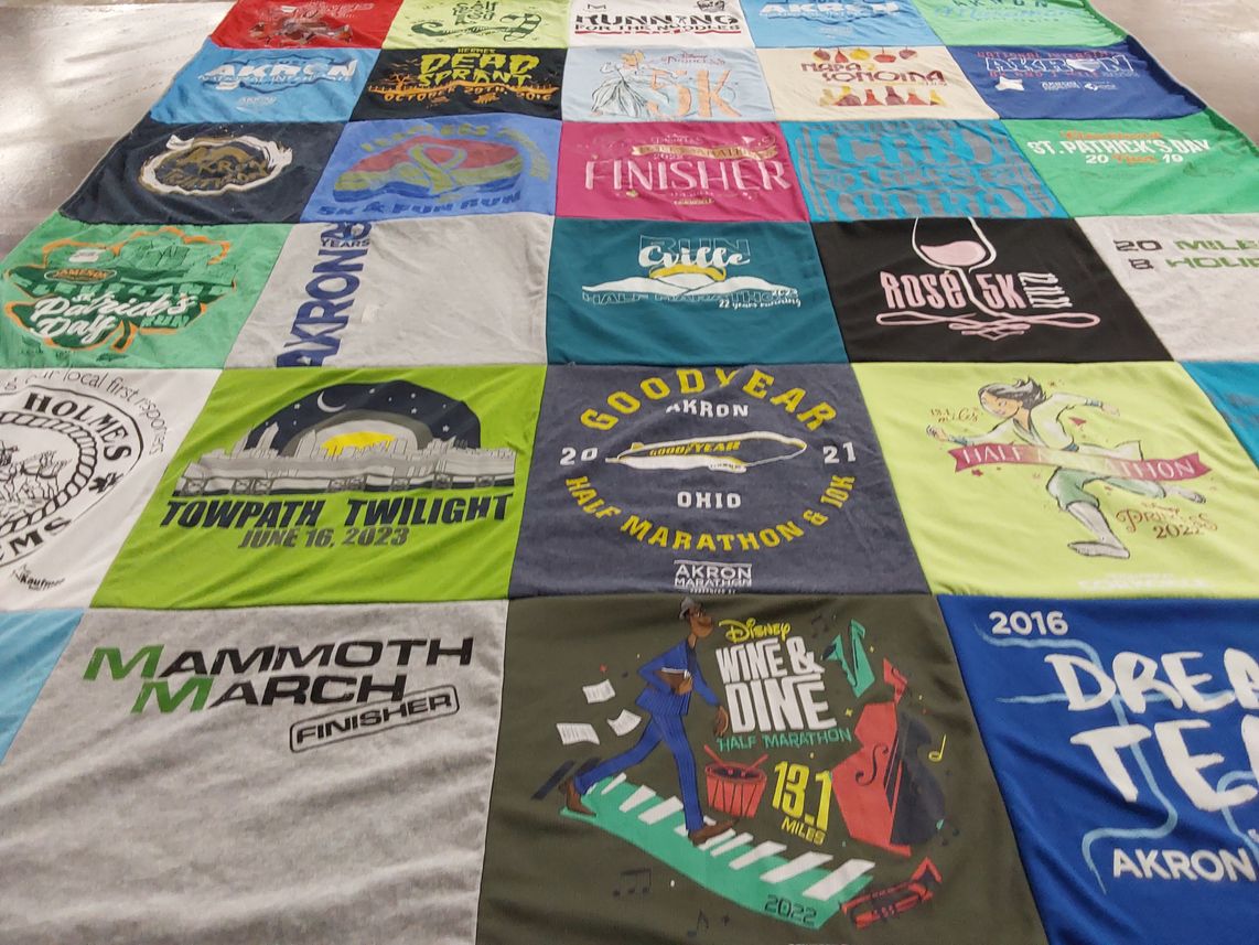 T-shirt quilt with running, marathons themes by Mary Jo from OH