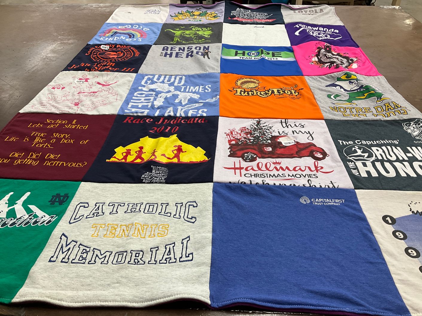 T-shirt quilt from notre dame university, catholic memorial high school by Beth from WI