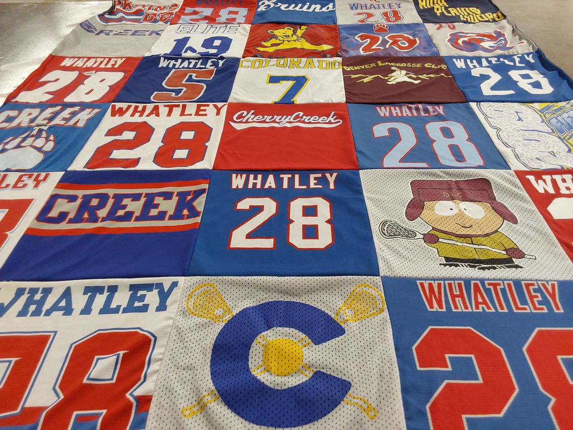 T-shirt quilt from cherry creek high school, whatley school by LuAnn from CO