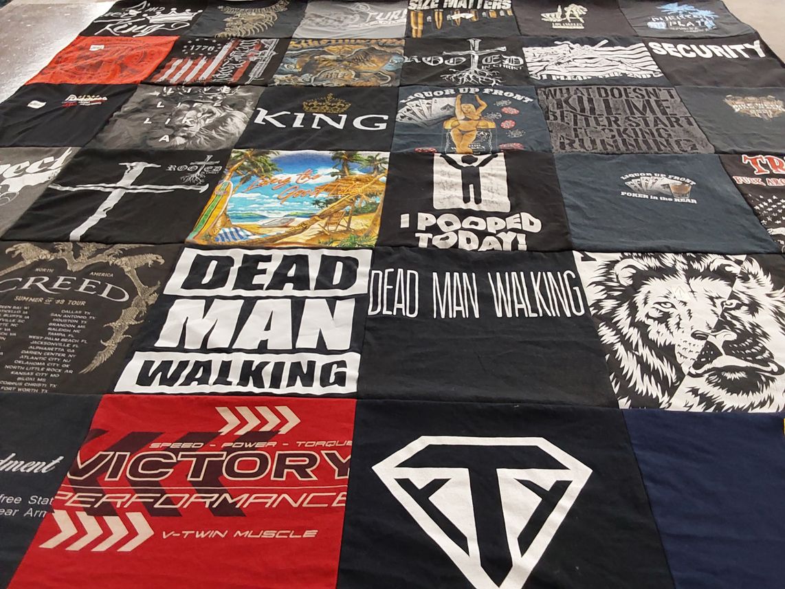 T-shirt quilt with music, humor themes by Nichole from NY