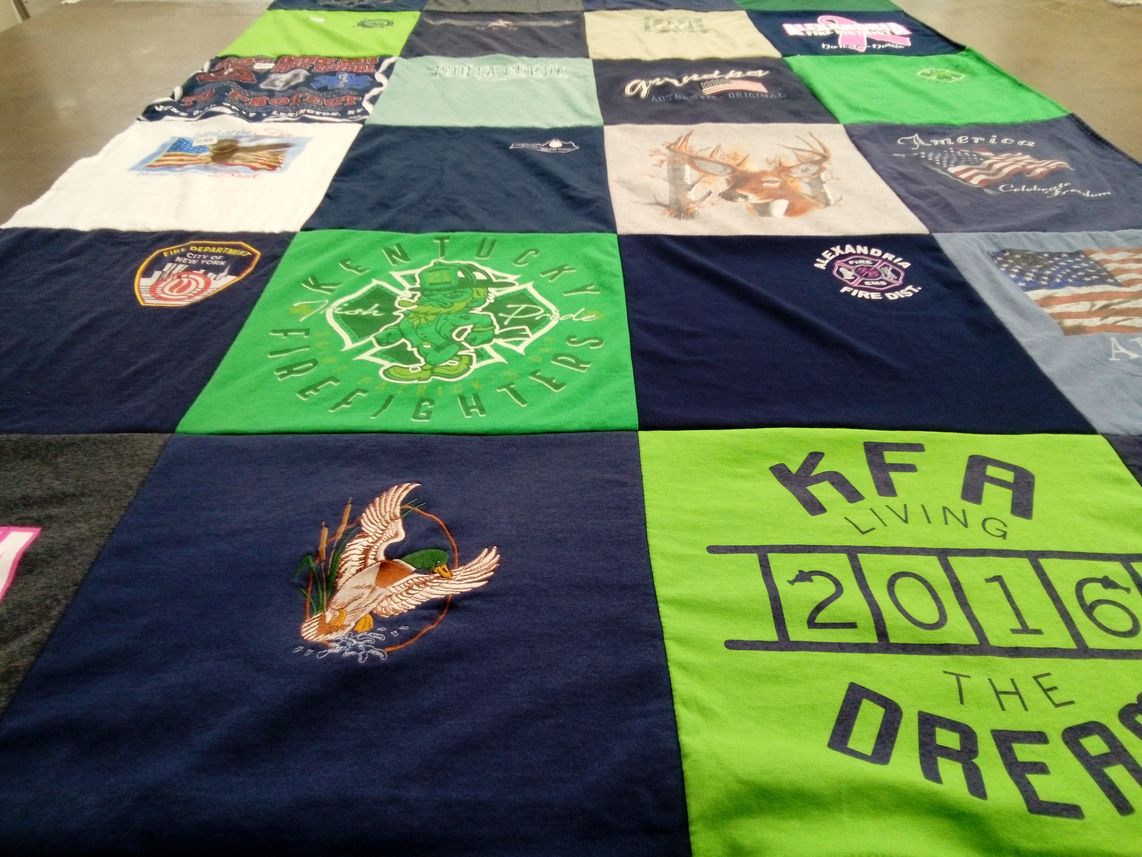 T-shirt quilt with firefighting, patriotism themes by Jamie from KY
