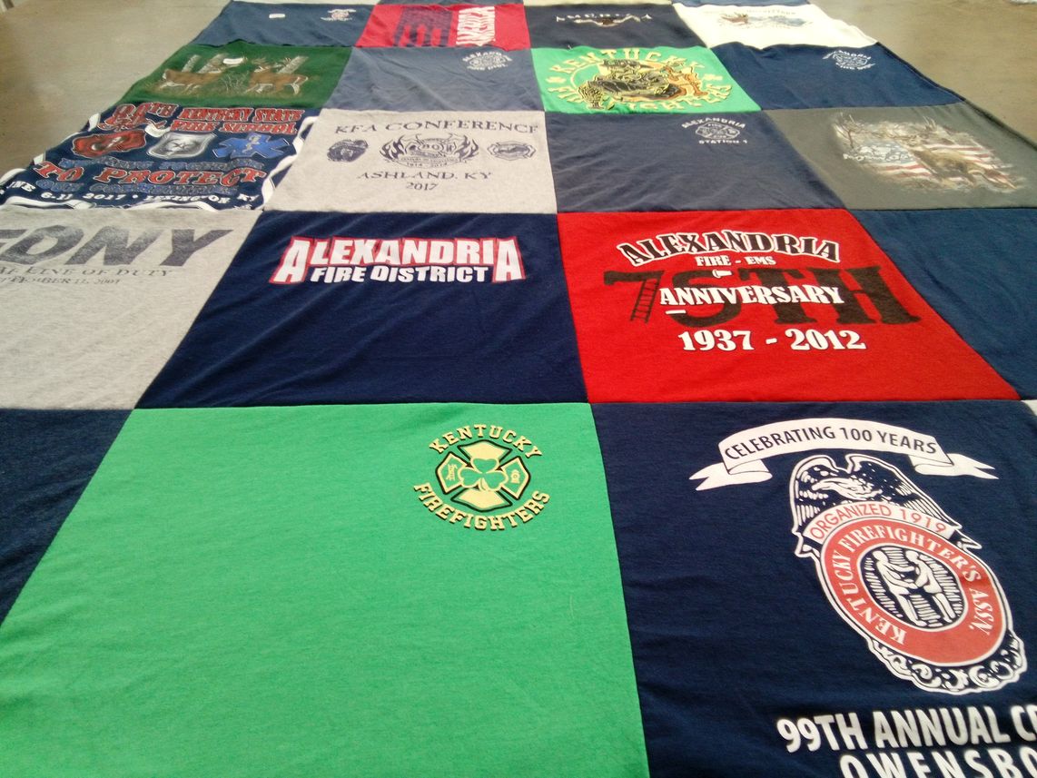 T-shirt quilt with firefighting, emergency services themes by Jamie from KY