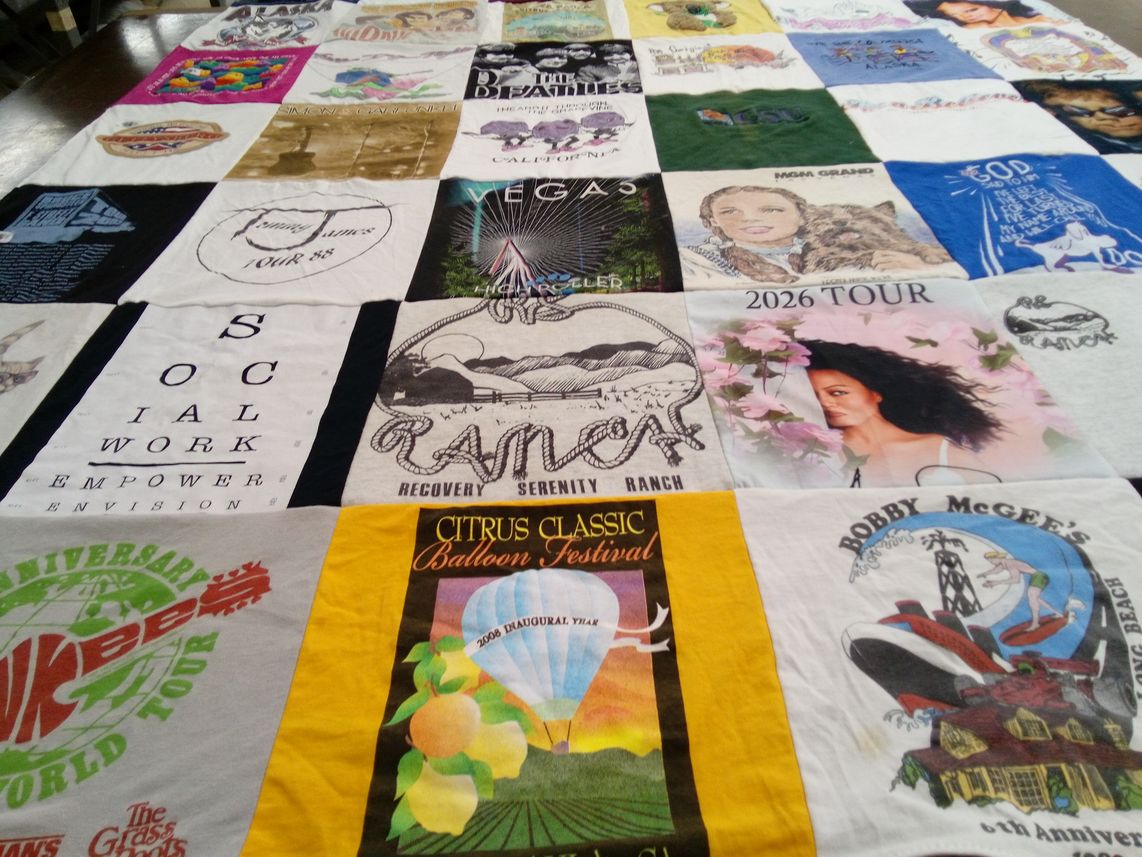 T-shirt quilt with social work, recovery themes by Laura from CA