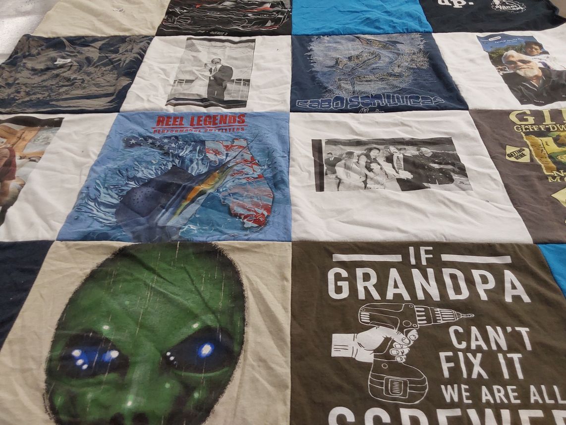 T-shirt quilt with fishing, family themes by Rita from FL