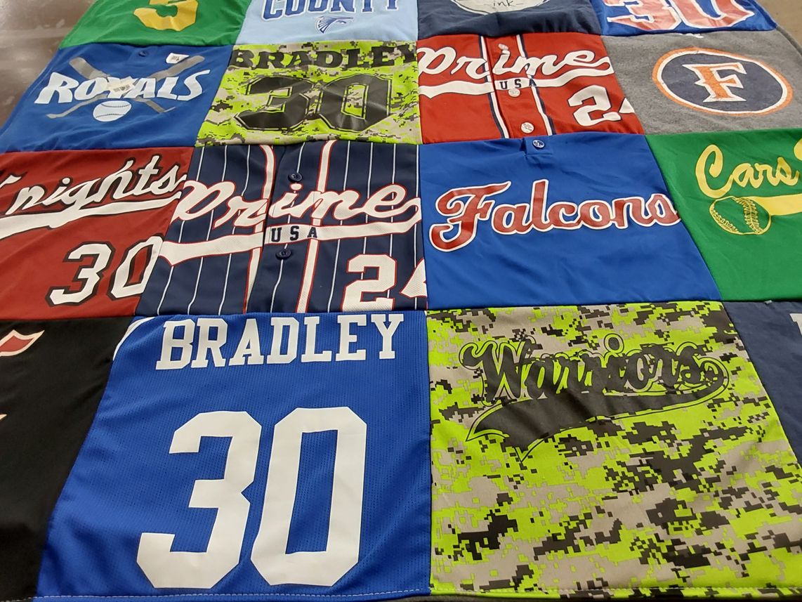 T-shirt quilt featuring falcons, warriors by Heather from TN