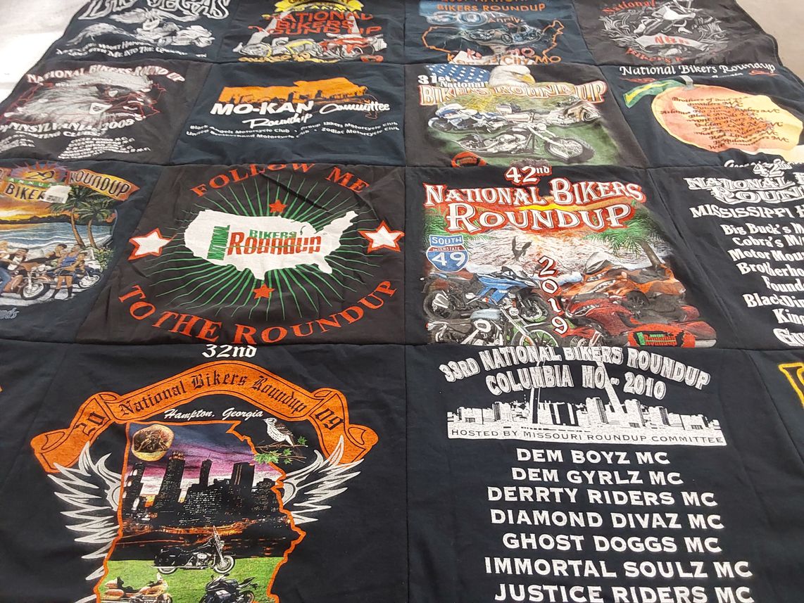 T-shirt quilt with motorcycles, biking themes by Rick from LA