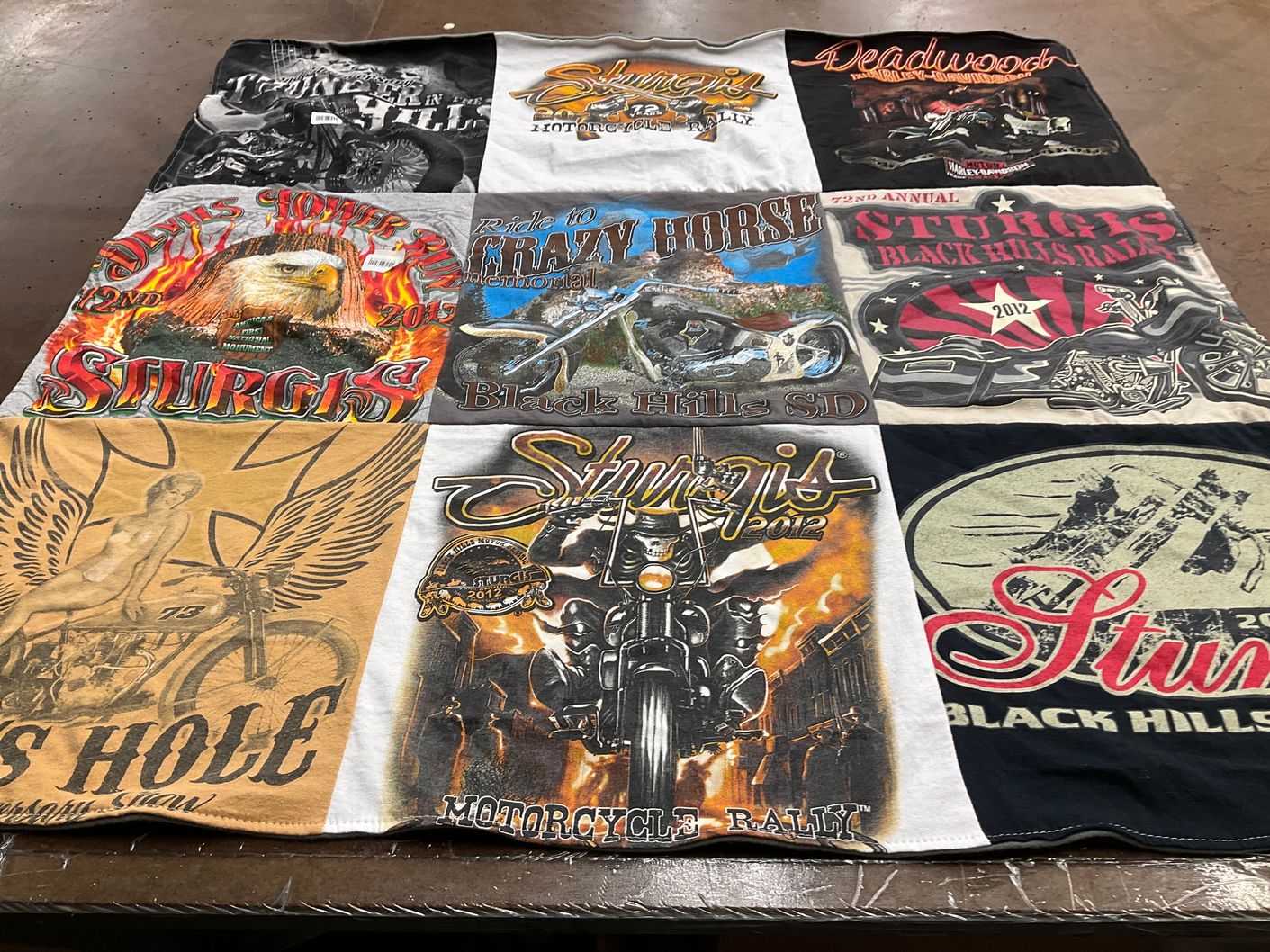 T-shirt quilt with motorcycles, biking themes by Scott from NH
