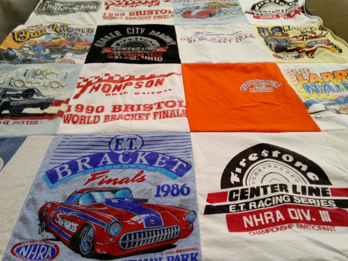 T-shirt quilt with drag racing, automobiles themes by Mara from OH