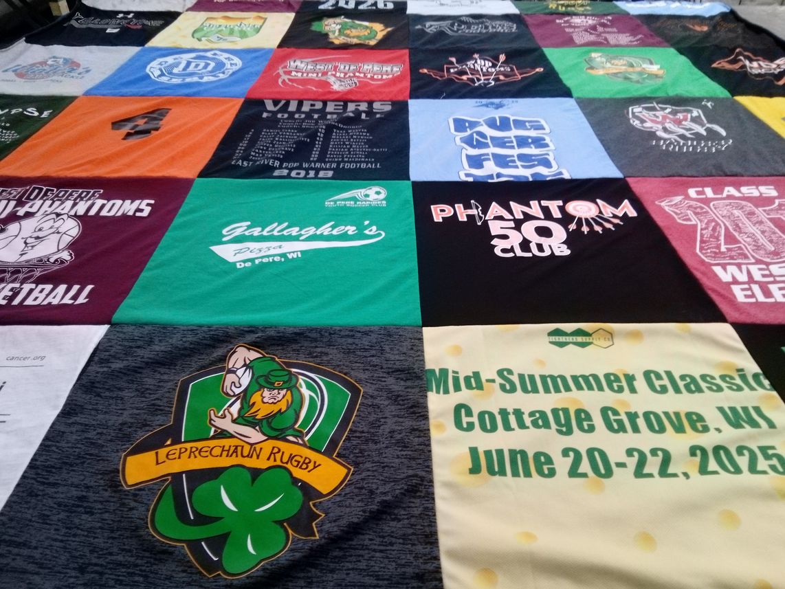 T-shirt quilt featuring leprechaun rugby by Jen from WI