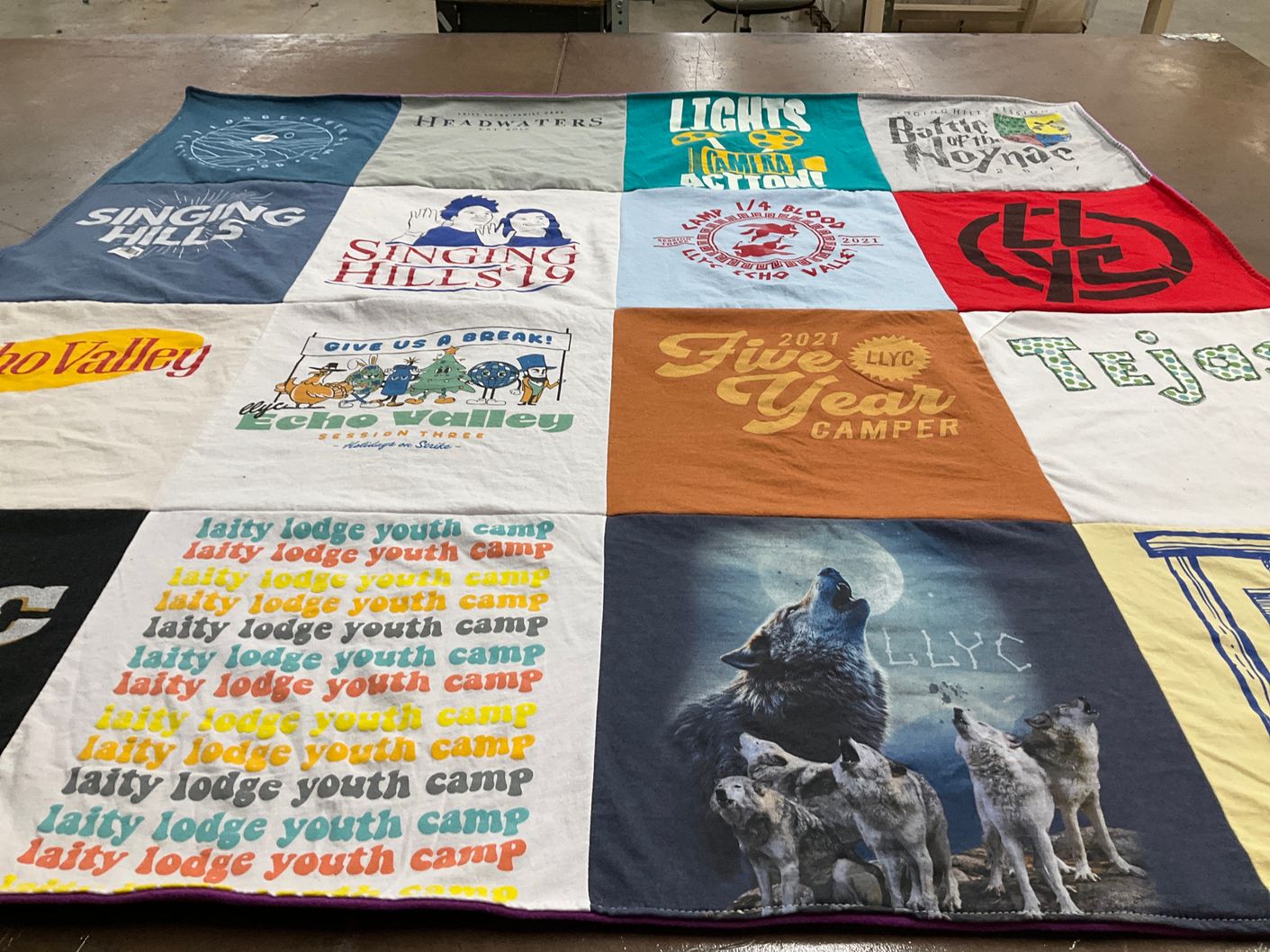 T-shirt quilt with youth camp, camping themes by Colleen from TX