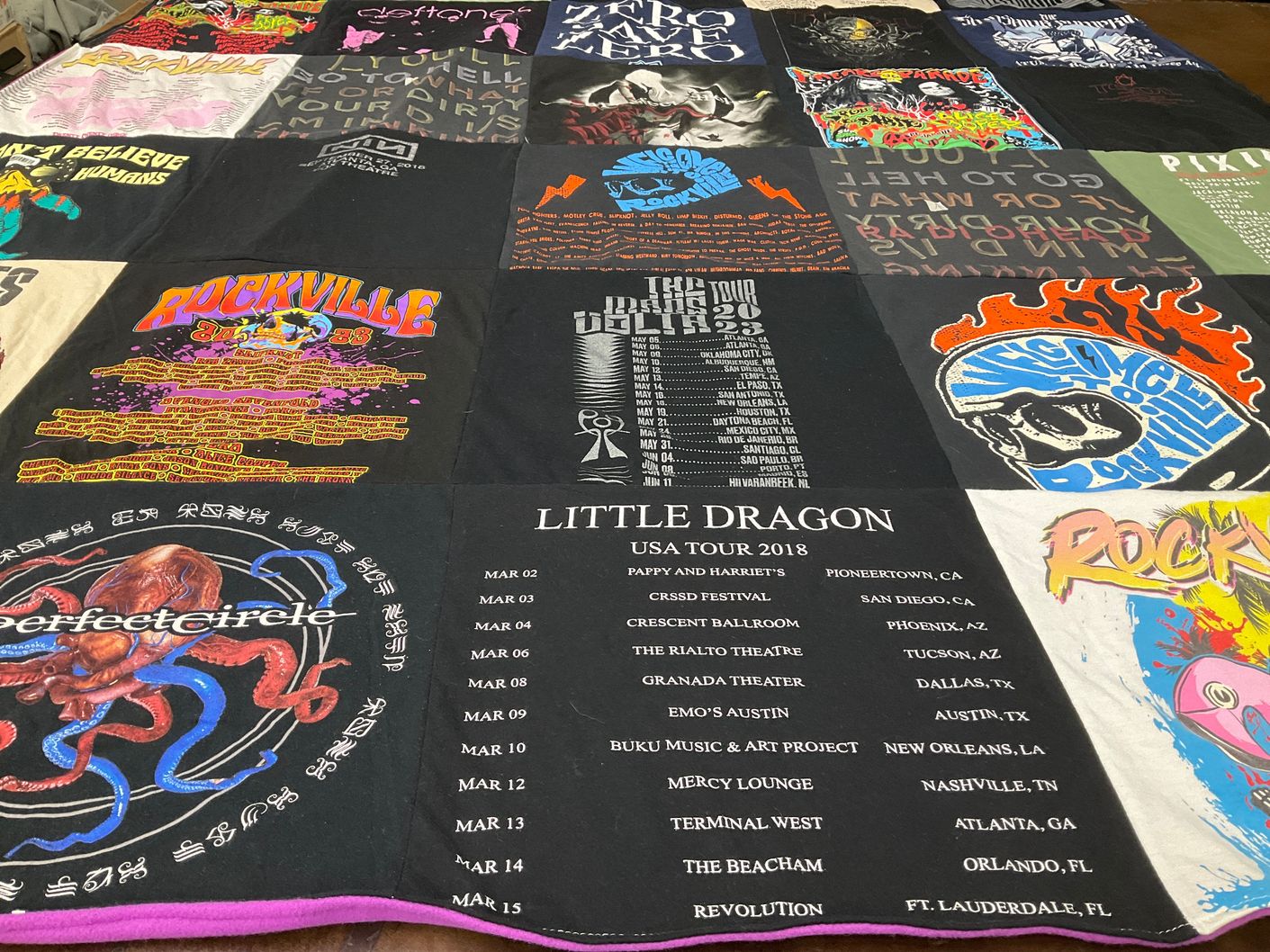T-shirt quilt with music festivals, concerts themes by Melanie from FL