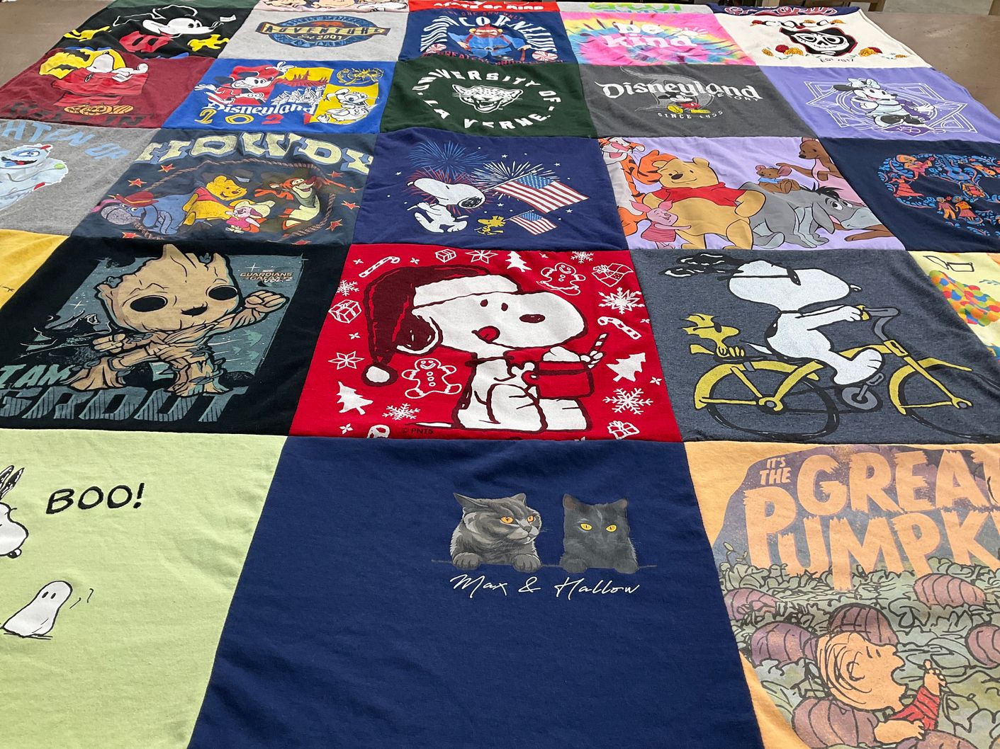 T-shirt quilt with cartoons, movies themes by Ana from CA