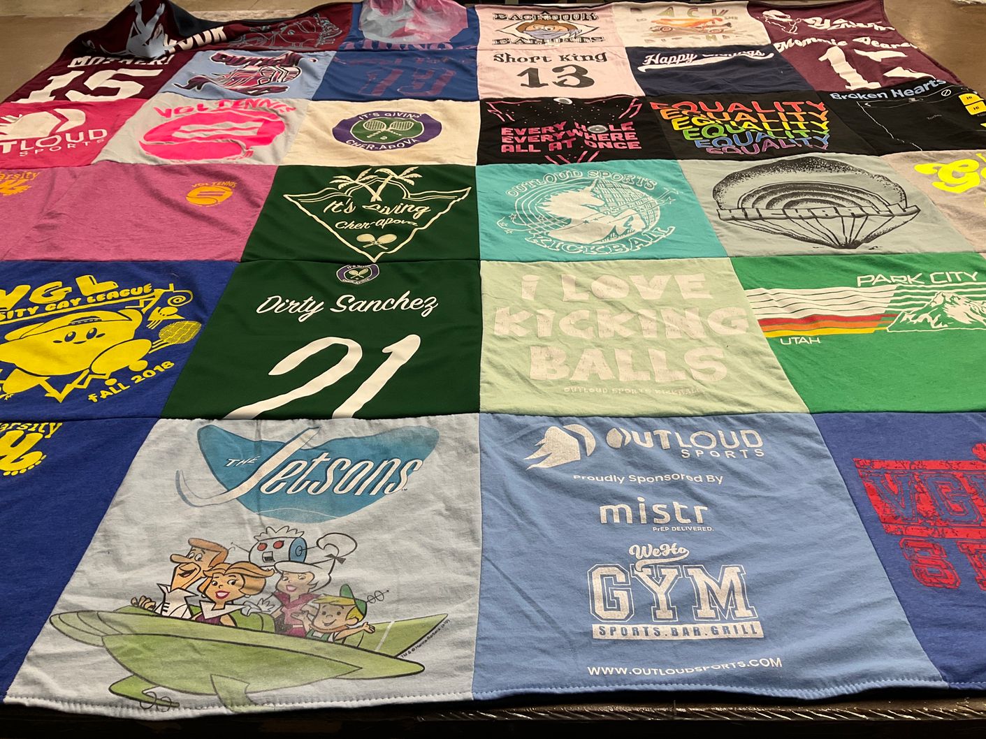 T-shirt quilt with sports, equality advocacy themes by Cory from OH