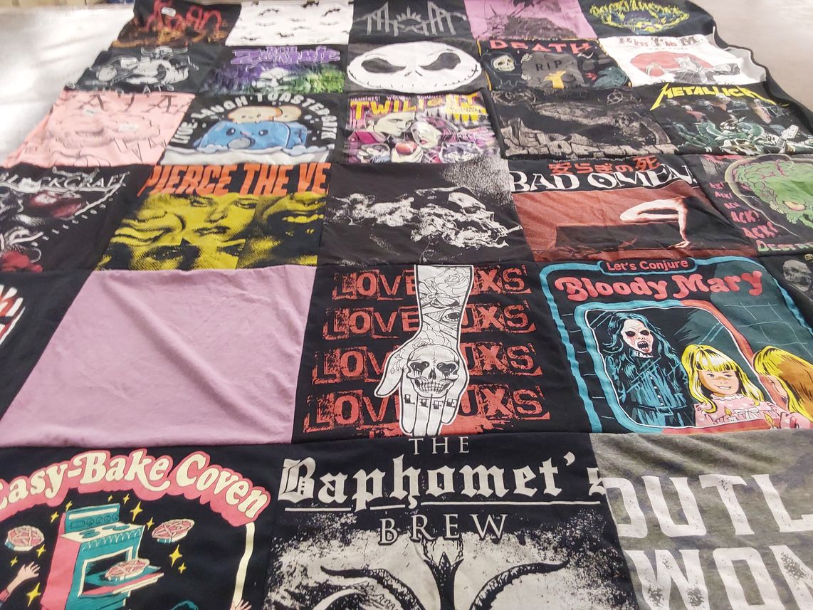 T-shirt quilt with music, horror themes by Betsy from WA