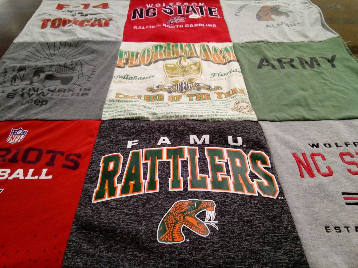 T-shirt quilt featuring florida agricultural and mechanical university rattlers, north carolina state university wolfpack by Jennifer from CT
