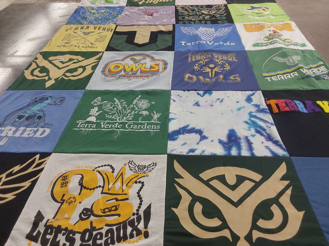 T-shirt quilt featuring terra verde owls by Shannon from OK