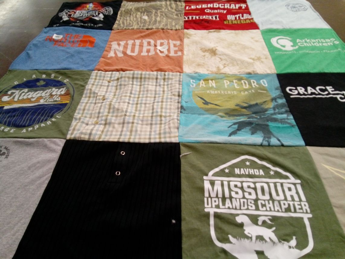 T-shirt quilt with travel, outdoor activities themes by Lauren from AR