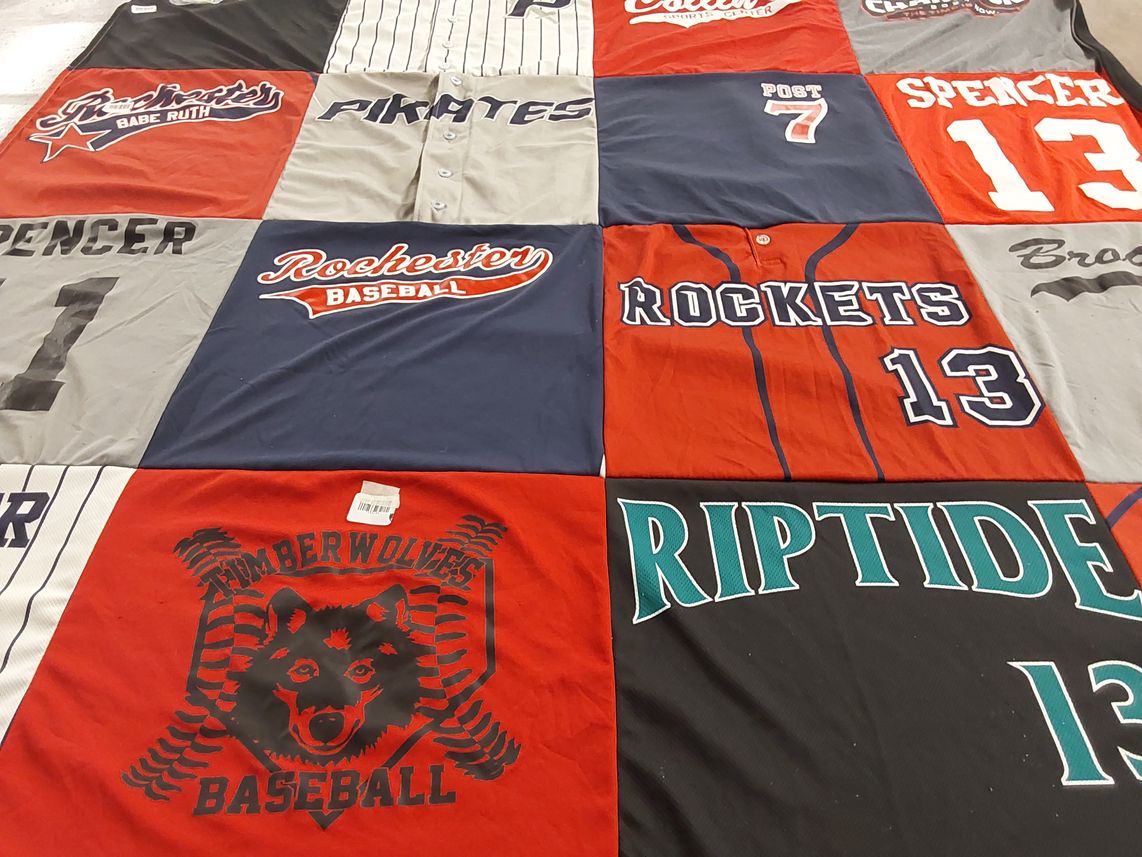 T-shirt quilt featuring rochester baseball team, timberwolves baseball team by Tara from NH