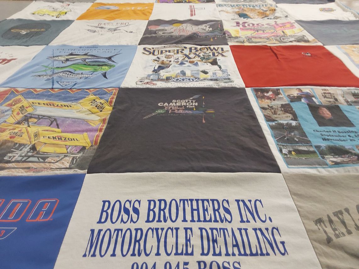T-shirt quilt with sports, motorcycles themes by Mary from FL