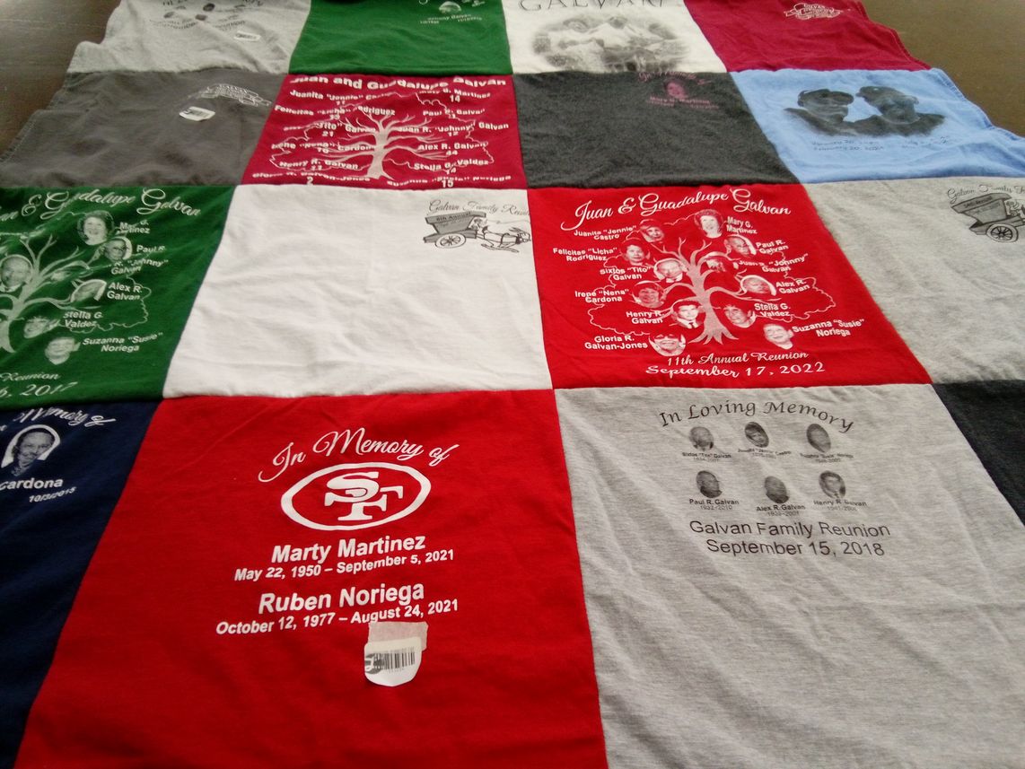 T-shirt quilt with family, reunion themes by Catherine from CA