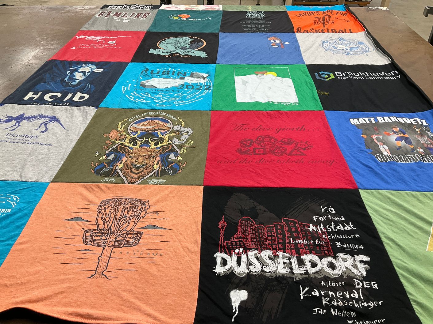 T-shirt quilt with science, gaming themes by Mijal from CA