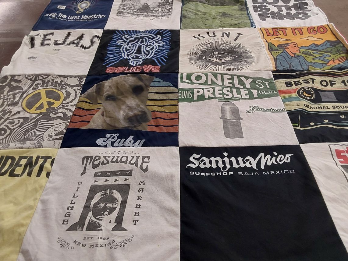 T-shirt quilt with music, surfing themes by Rosemary from TX
