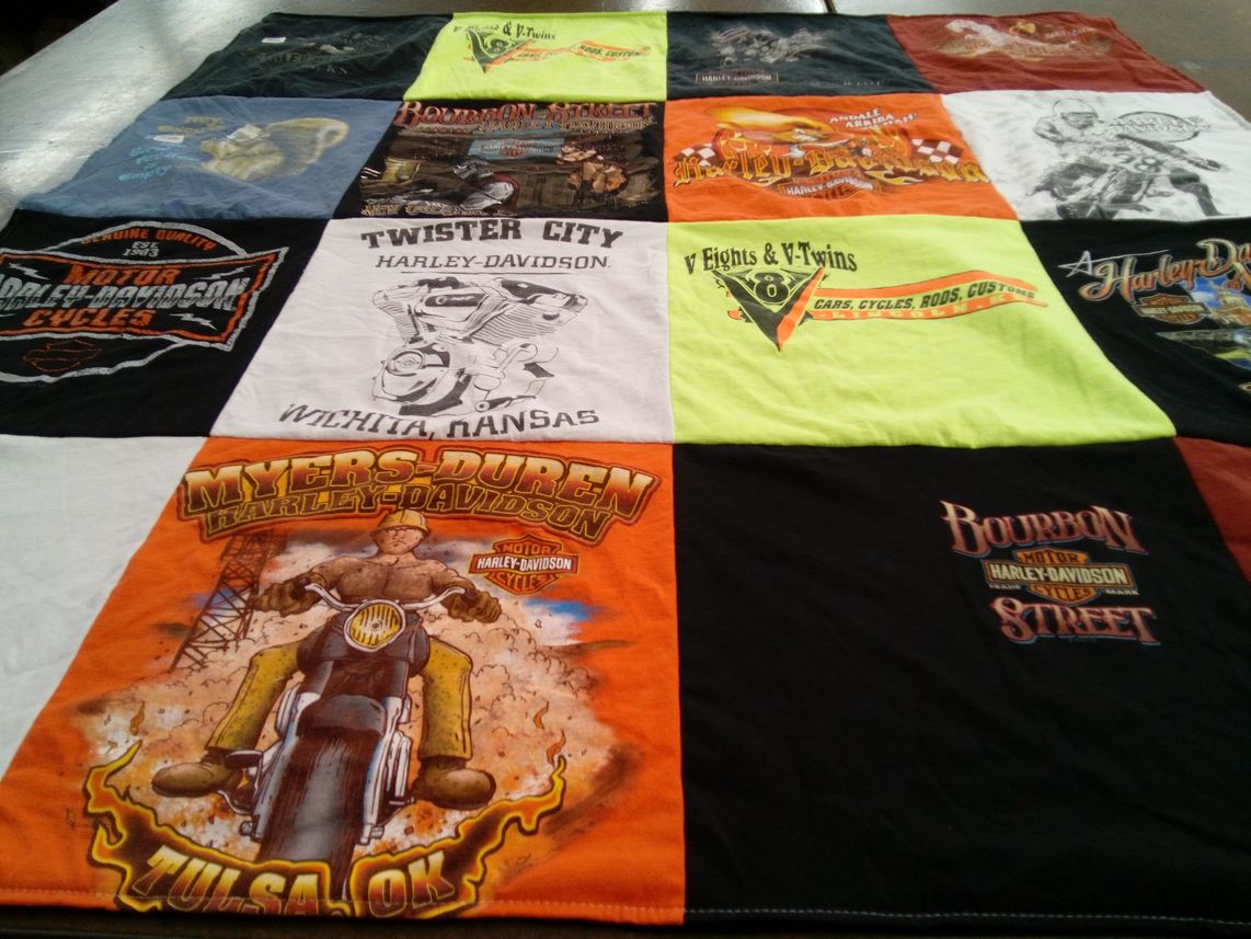 T-shirt quilt with motorcycles themes by Sherry from KS