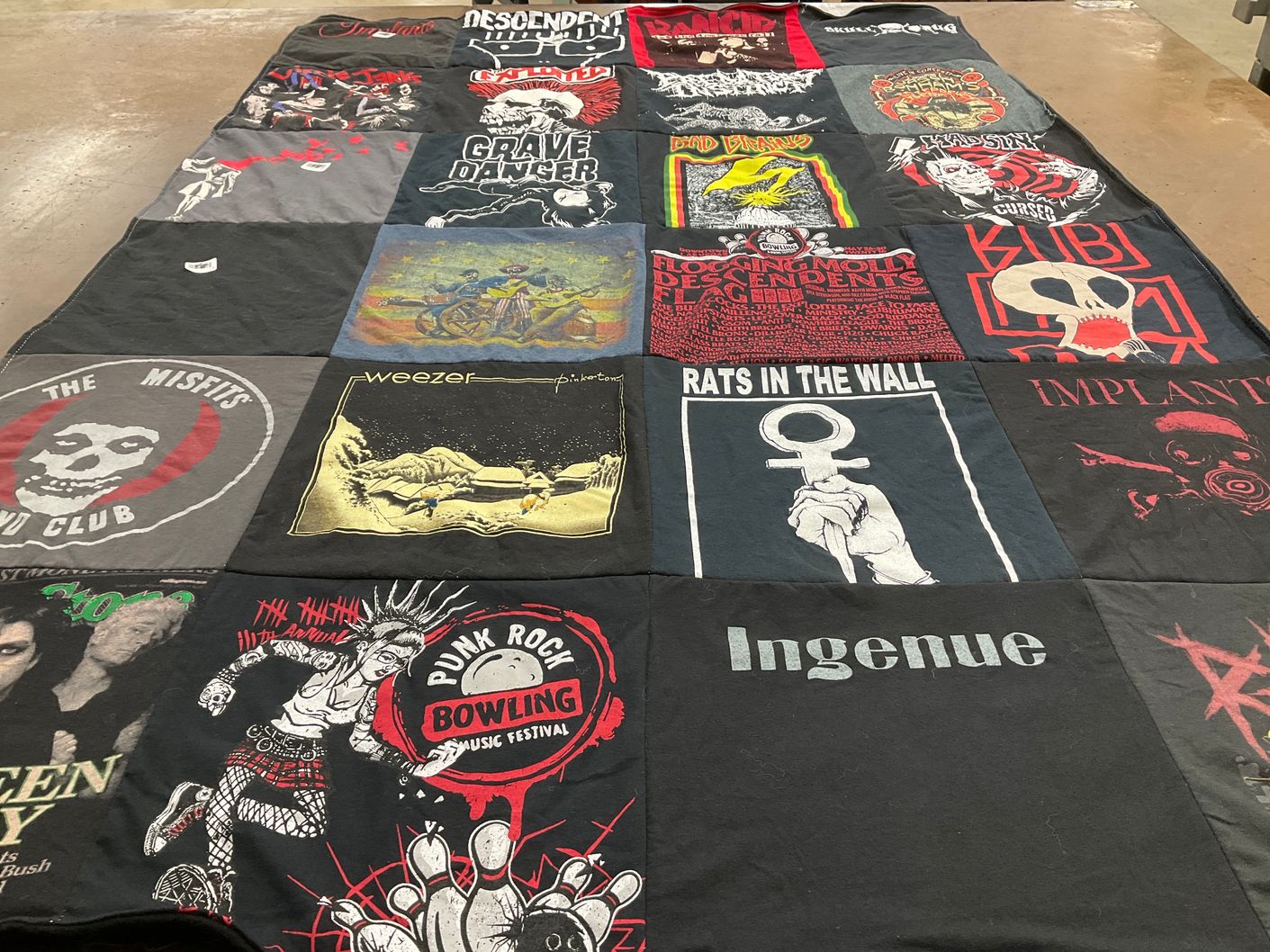 T-shirt quilt with music, punk themes by Karen from AZ