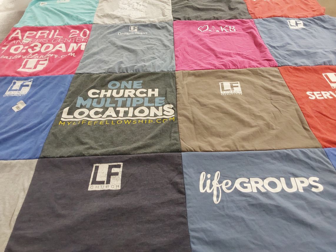 T-shirt quilt with community, faith themes by Carrie from MS