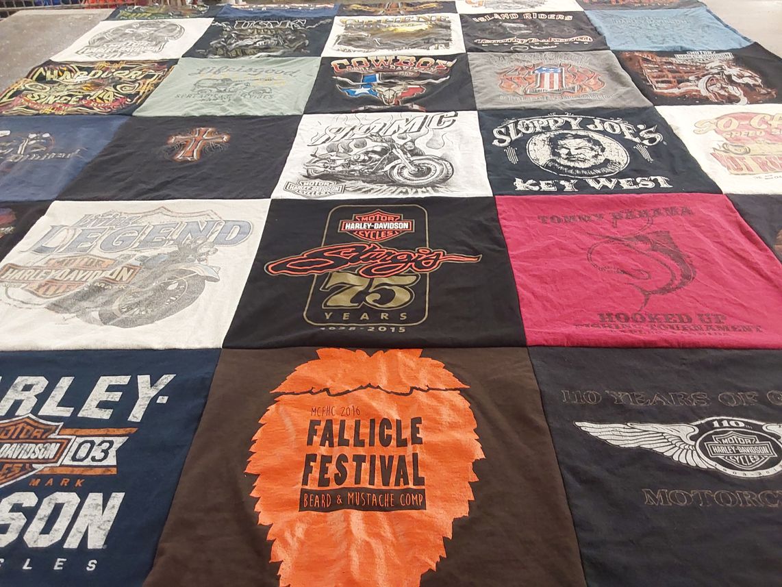 T-shirt quilt with motorcycles, biking themes by Amy from OH