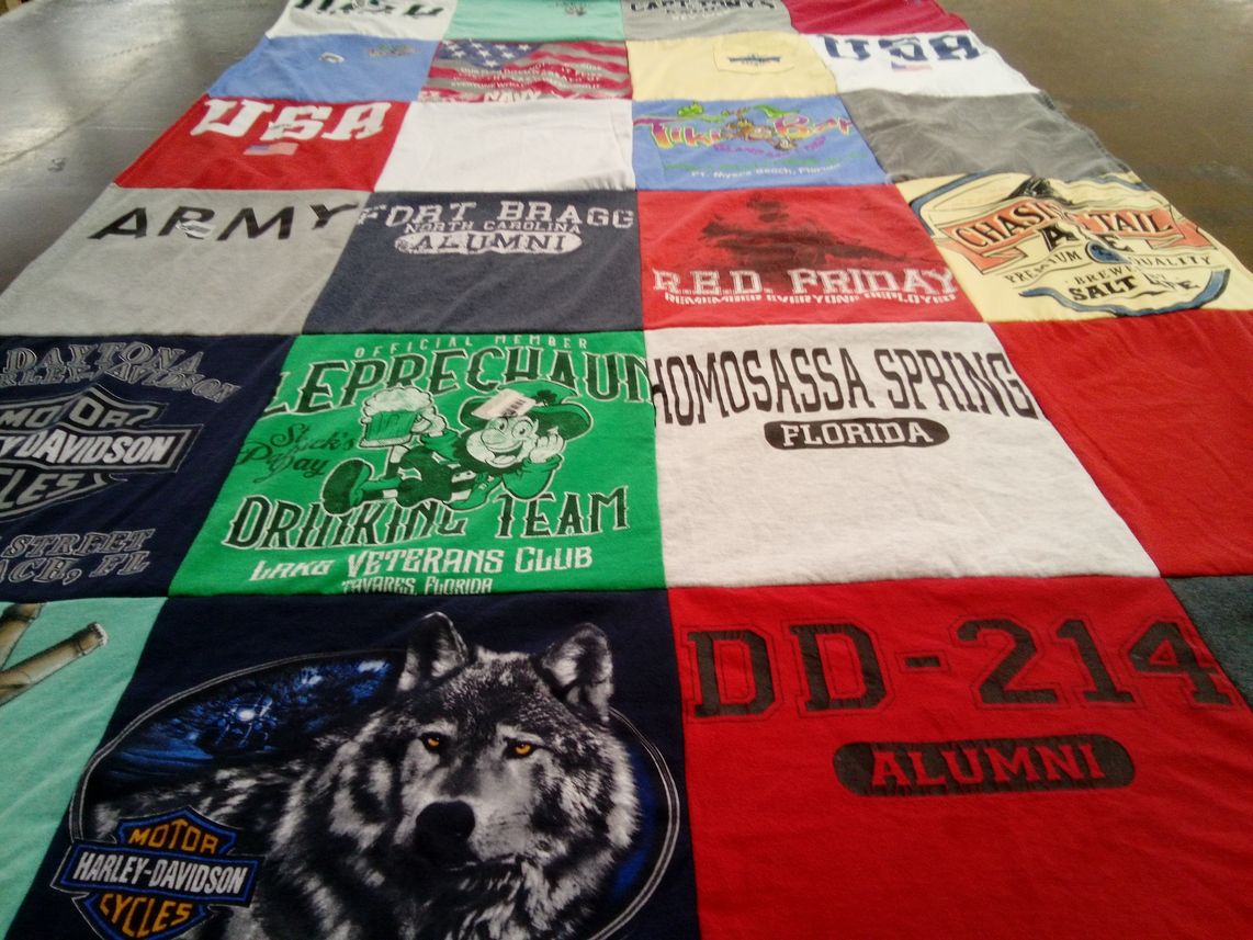 T-shirt quilt with military, veterans themes by Helen from FL