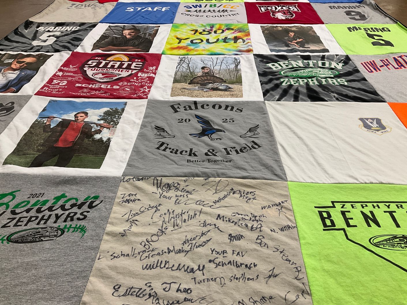 T-shirt quilt featuring benton zephyrs, falcons track and field by Kimberly from WI