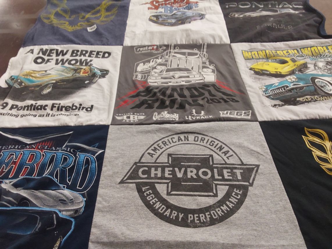 T-shirt quilt with cars, automobiles themes by Mary from FL