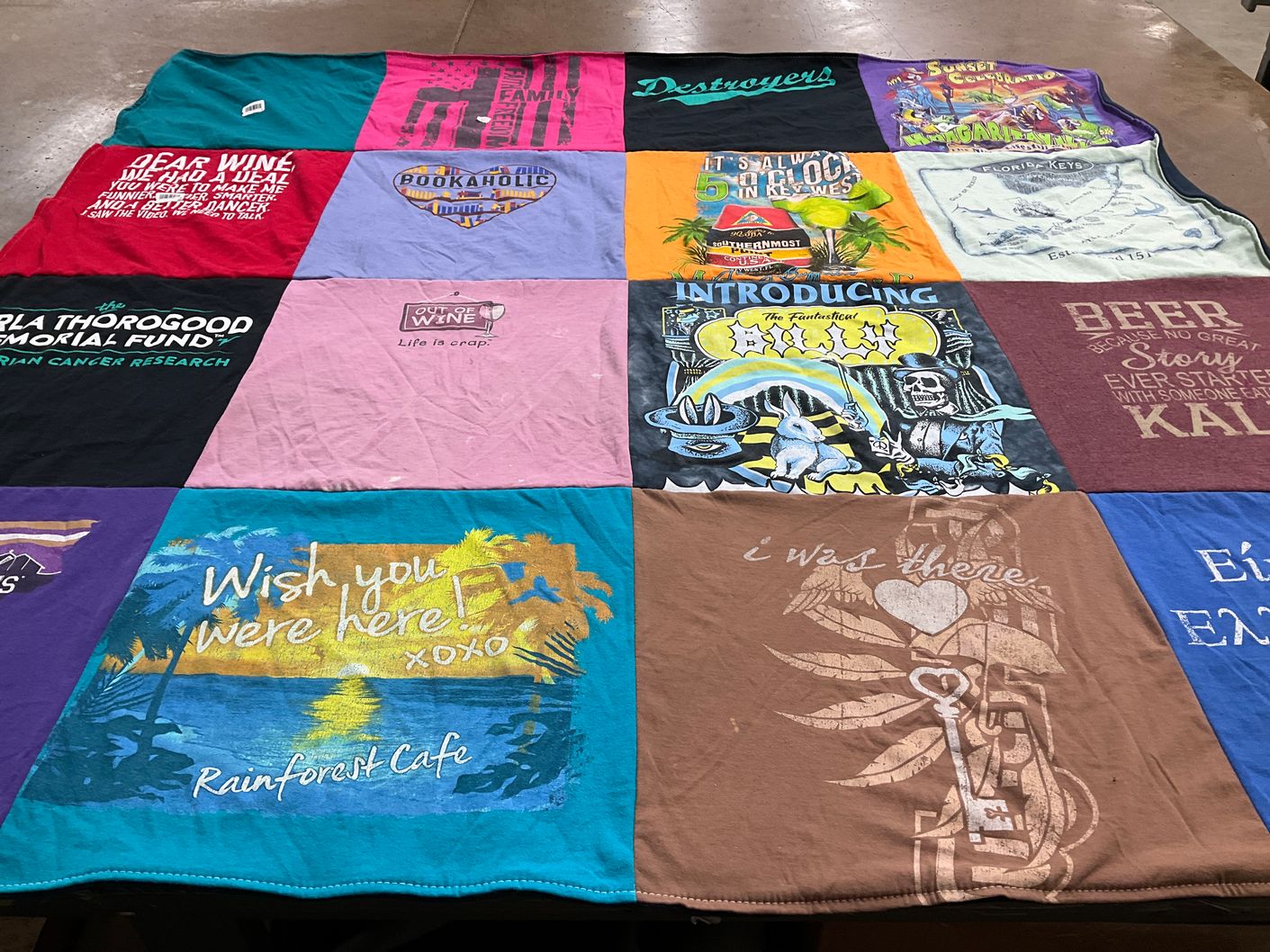 T-shirt quilt with wine, beach themes by Jennifer from VT