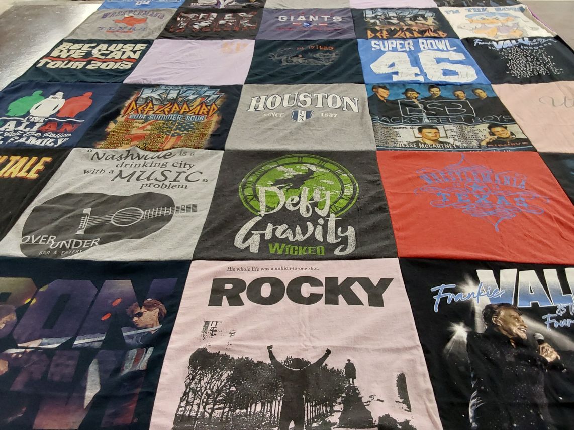 T-shirt quilt with music, travel themes by Matthew from NY