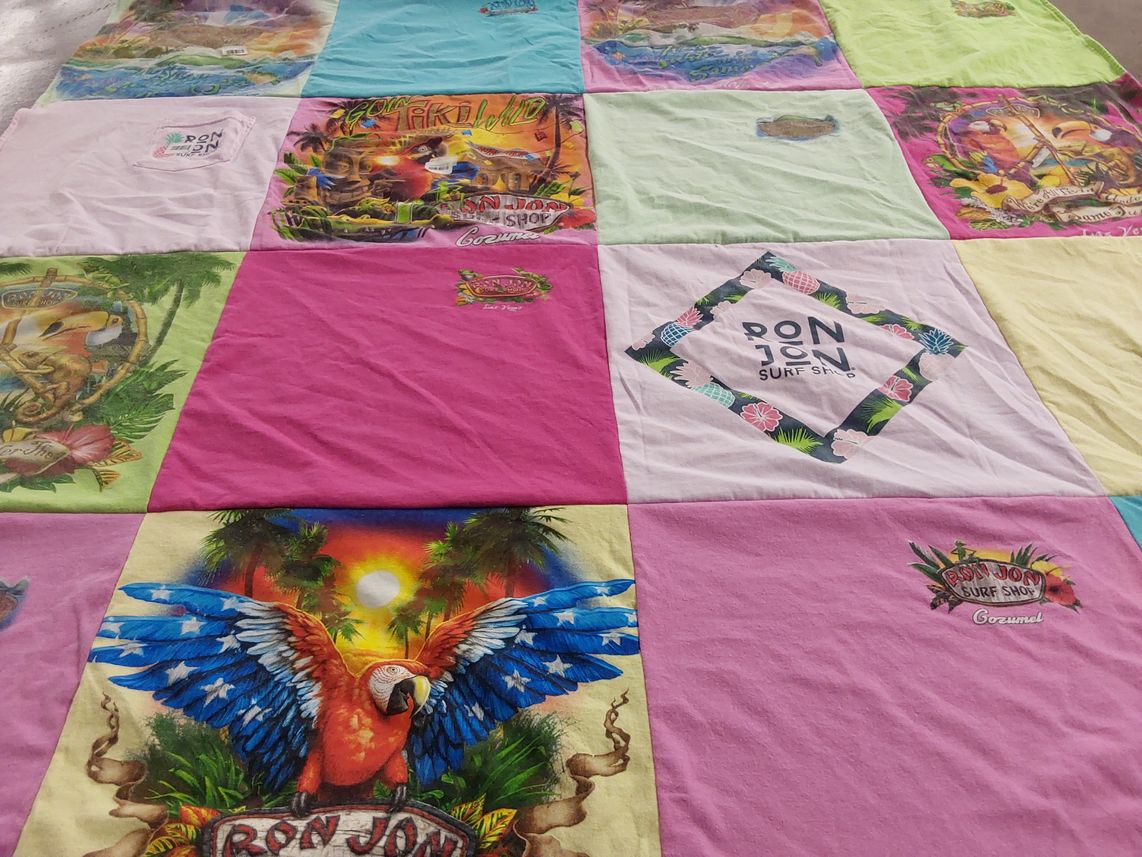 T-shirt quilt with surfing, beach themes by Katie from OH