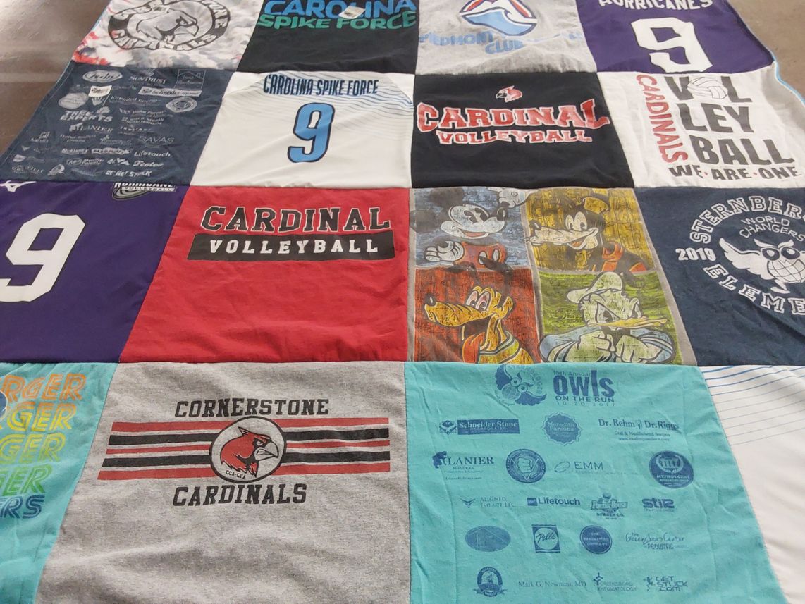 T-shirt quilt featuring cardinal volleyball, cornerstone cardinals by Danielle from NC