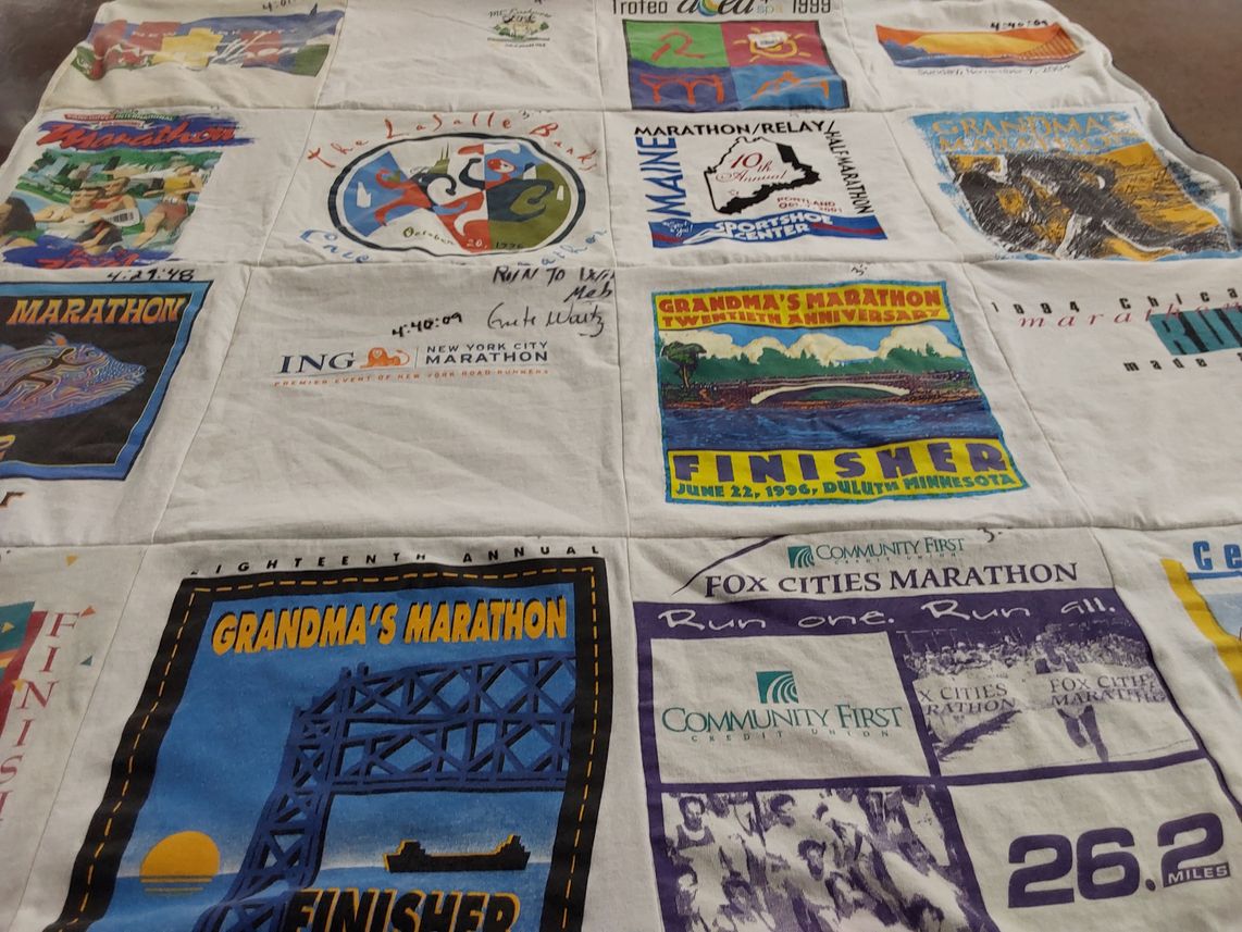T-shirt quilt with running, marathons themes by Gail from WI
