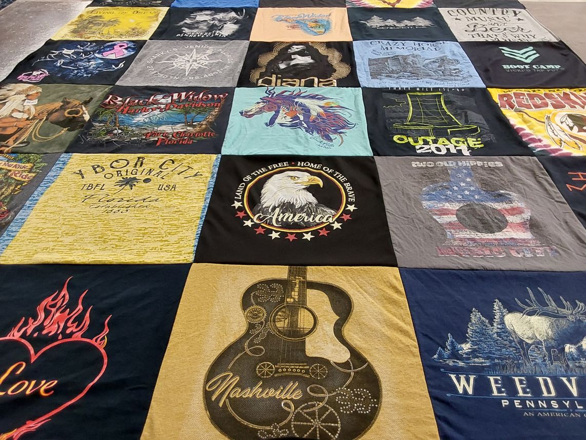 T-shirt quilt with motorcycles, music themes by Richard from PA