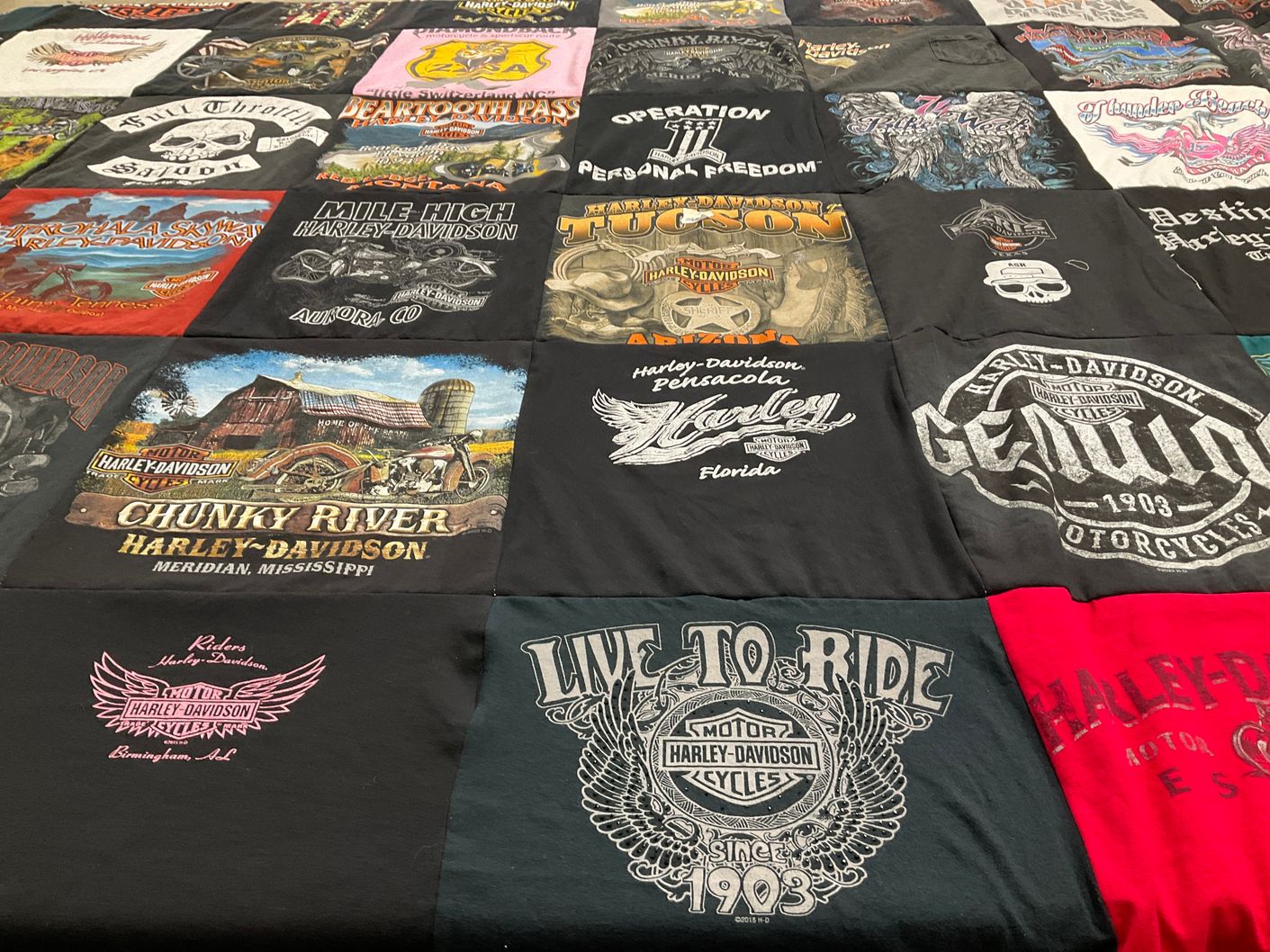 T-shirt quilt with motorcycles, biking themes by Leigh from MS