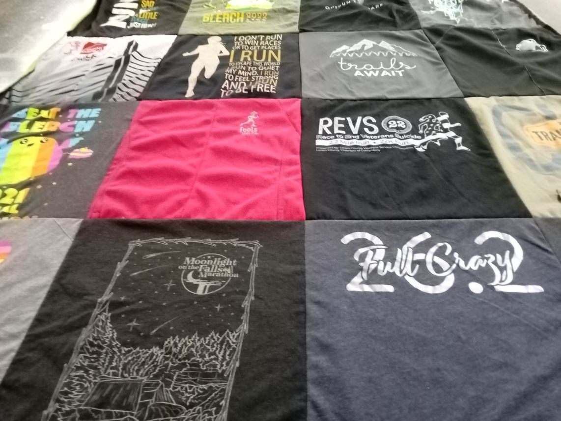 T-shirt quilt with running, marathons themes by Aliesha from OH