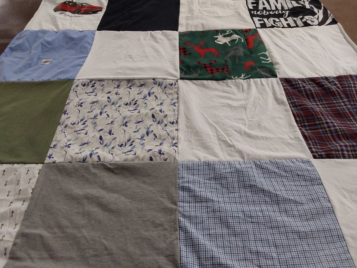 T-shirt quilt with family, cozy themes by Jackie from CT